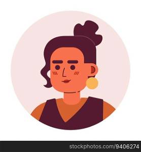 Brunette woman semi flat vector character head. Lady with golden earings and bun hairstyle. Editable cartoon avatar icon. Face emotion. Colorful spot illustration for web graphic design, animation. Brunette woman semi flat vector character head