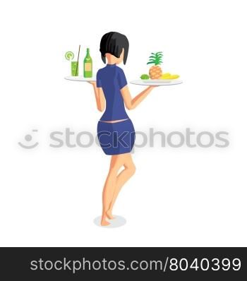 Brunette woman waitress with two trays on the beach. Back view. Isolated flat cartoon illustration