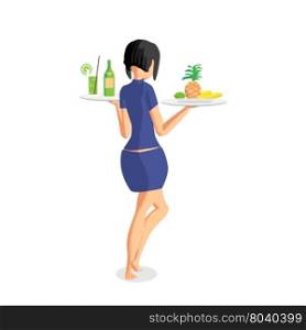 Brunette woman waitress with two trays on the beach. Back view. Isolated flat cartoon illustration