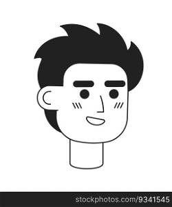 Brunette young adult man with messy hair monochrome flat linear character head. Surfer male. Editable outline hand drawn human face icon. 2D cartoon spot vector avatar illustration for animation. Brunette young adult man with messy hair monochrome flat linear character head