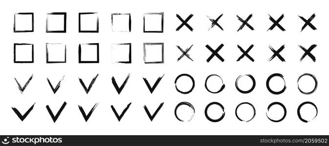 Brush ink stroke. Black cross, check mark, circle and rectangle. Grunge vector frames for voting and survey. Design of paint border. Icon of hand drawn texture on white background.