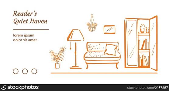 Brush outlines of home interior, hygge reading corner with sofa, lamp, open bookcase, and houseplants. Sketchy concept of traditional reading. Webpage template. Doodle design elements. Brush calligraphy doodle, home leisure, hygge mood, and reading concept. Webpage header, template. Elegant decorative sketch