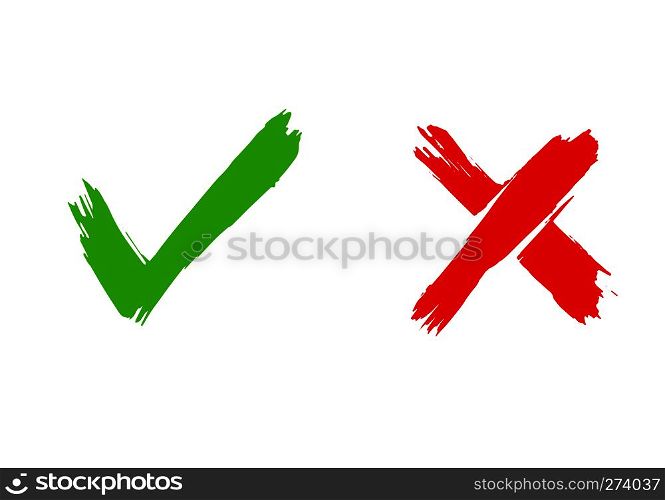 Brush painted Tick and Cross signs. YES and NO icons for vote. Vector illustration of green and red symbols isolated on white background. Vector Tick and Cross Signs. Hand drawn grunge symbols YES and NO