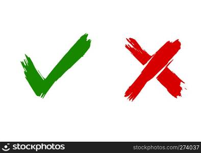 Brush painted Tick and Cross signs. YES and NO icons for vote. Vector illustration of green and red symbols isolated on white background. Vector Tick and Cross Signs. Hand drawn grunge symbols YES and NO