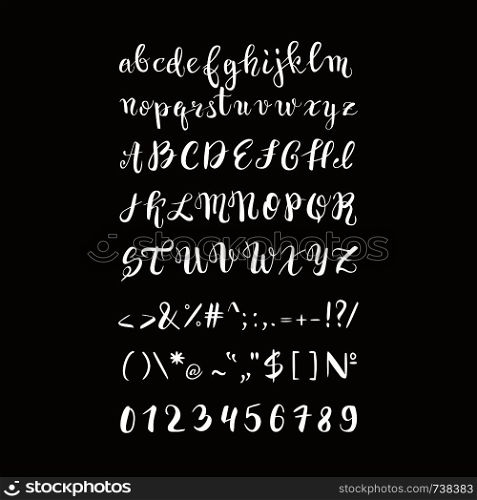 Brush pen handwritten alphabet, letters, numbers and symbols, vector font, handmade, lettering