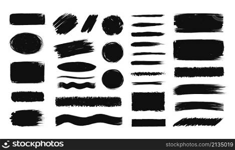 Brush stroke banner. Black splash shape ink texture. Isolated paintbrush stains. Abstract messy spots and lines. Rough paint smears. Brushstroke underlines and strips. Vector grunge background set. Brush stroke banner. Black splash shape ink texture. Isolated paintbrush stains. Abstract spots and lines. Rough smears. Brushstroke underlines and strips. Vector grunge background set