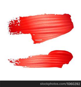 Brush stroke of red paint or lipstick different shapes set isolated on white background, creative art, gouache, acrylic texture, vector illustration. Brush stroke of red paint or lipstick set isolated on white background