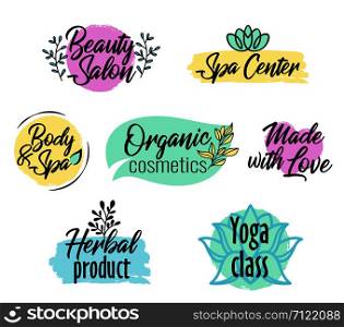 Brush style logo set, beauty salon, spa center, herbal product, personal care, colorful label with text for organic cosmetics packaging, vector illustration. Brush style logo set, beauty and spa product, personal care