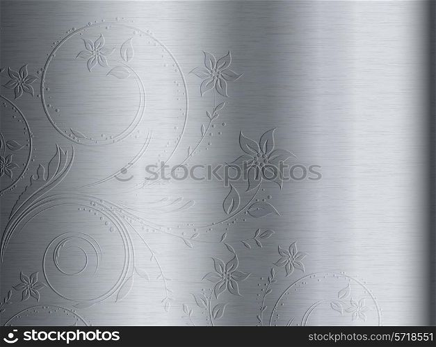 Brushed metal texture background with floral design embossed on it. Brushed metal