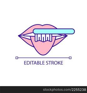Brushing tongue RGB color icon. Breath improvement. Removing sticky plaque. Gum disease prevention. Isolated vector illustration. Simple filled line drawing. Editable stroke. Arial font used. Brushing tongue RGB color icon
