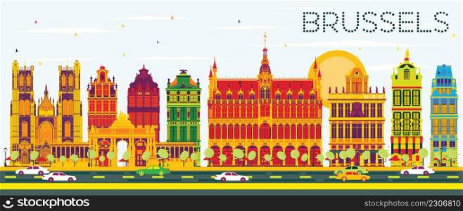 Brussels Skyline with Color Buildings and Blue Sky. Vector Illustration. Business Travel and Tourism Concept with Historic Architecture. Image for Presentation Banner Placard and Web Site.