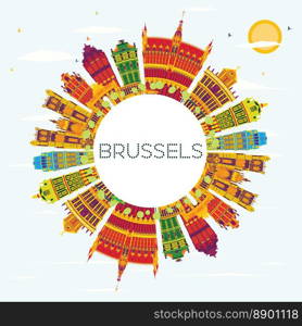 Brussels Skyline with Color Buildings, Blue Sky and Copy Space. Vector Illustration. Business Travel and Tourism Concept with Historic Architecture. Image for Presentation Banner Placard and Web Site.