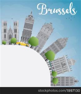 Brussels skyline with grey building, blue sky and copy space. Vector illustration