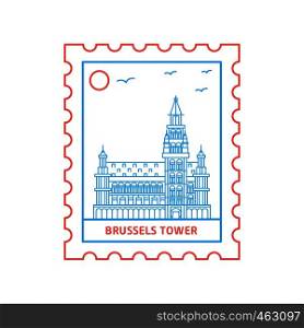 BRUSSELS TOWER postage stamp Blue and red Line Style, vector illustration