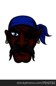 Brutal african american pirate cartoon character with blue bandanna, eye patch, golden earrings and long moustache, for marine and adventure theme. Cartoon pirate in bandanna and eye patch