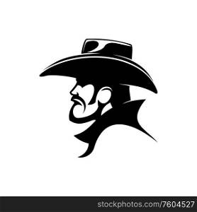 Brutal cowboy in leather hat isolated profile. Vector wild west bearded man, american sheriff or bandit. Sheriff or cowboy in leather hat isolated bandit
