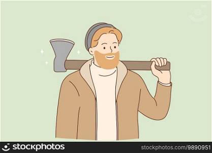 Brutal lumberjack and hipster with beard concept. Young smiling bearded man in warm clothes holding axe on shoulder and looking brutal vector illustration . Brutal lumberjack and hipster with beard concept