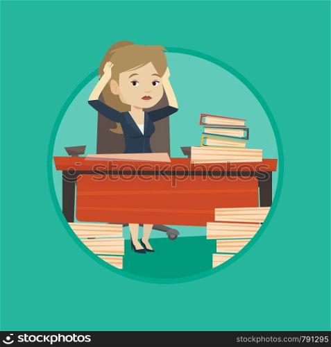 Bsiness woman in despair sitting at workplace with heaps of papers. Stressful business woman sitting at desk with stacks of papers. Vector flat design illustration in the circle isolated on background. Despair business woman working in office.