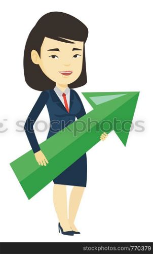 Bsiness woman thinking about the strategy of business growth. Woman holding arrow representing business growth. Business growth concept. Vector flat design illustration isolated on white background.. Businesswoman aiming at business growth.
