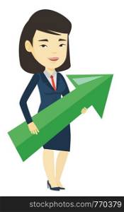 Bsiness woman thinking about the strategy of business growth. Woman holding arrow representing business growth. Business growth concept. Vector flat design illustration isolated on white background.. Businesswoman aiming at business growth.