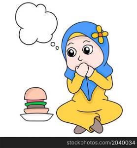 bubble chat beautiful muslim hijab girl fasting with stand the temptation of food