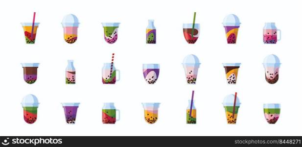 Bubble cocktails. Beverage cold drinks tea with milk tapioca liquids with pearls garish vector flat colored pictures set. Illustration of tea ice bubble, milkshake cocktail beverage. Bubble cocktails. Beverage cold drinks tea with milk tapioca liquids with pearls garish vector flat colored pictures set