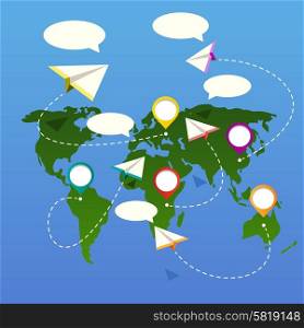 Bubble depicting a world map with white striations plane. Planes fly from one point to another. Delivery concept in flat cartoon design style