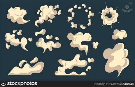 Bubble explode smoke poof and cloud blow effect. Wind with cartoon gray fog and boom dust vector illustration. Puff icon and air cloudy element. Fume comic explosion and set vapor storm isolated