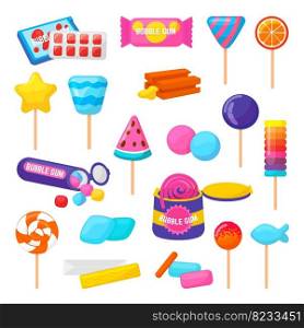 Bubble gum and candies. Isolated gummy pack, chewing gums and lollipops. Children candy, sweets on stick. Cartoon bubblegum neoteric vector package of gummy bubble sweet gum illustration. Bubble gum and candies. Isolated gummy pack, chewing gums and lollipops. Children candy, sweets on stick. Cartoon bubblegum neoteric vector package