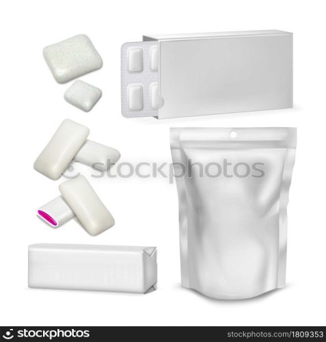 Bubble Gum Blank Packaging Collection Set Vector. Sugar-free Spearmint Chewing Bubble Gum With Jam Glossy Pouch, Blister And Package. Eatery Teeth Care Rubber Mockup Realistic 3d Illustrations. Bubble Gum Blank Packaging Collection Set Vector