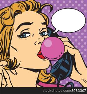 Bubble gum girl telephonist vector retro pop art. Chat on the phone. Chewing gum. Bubble gum girl telephonist