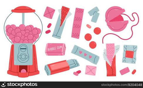Bubble gum set.Bubble gum machine.  Isolated pink bubble gum in foil packages. Pads, balls and roll of red, pink and purple colors. Mint flavor taste cud, dental care chew icons. Vector illustration