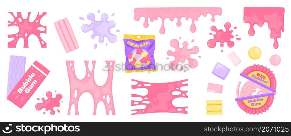 Bubble gum splashes. Cartoon chewing candy pink splatters. Isolated stain and sticky stretching bubblegum shapes. Gummy stripe and sweet dragees. Liquid borders. Chewy sugar spots. Vector blots set. Bubble gum splashes. Cartoon chewing candy pink splatters. Stain and sticky stretching bubblegum shapes. Gummy stripe and sweet dragees. Liquid borders. Chewy spots. Vector blots set