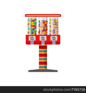 Bubble gum vending machine for gumballs selling isolated cartoon vector icon. Automat with glass tubes full of colorful chewing gum or candy balls, slot for coins and dispenser. Vending machine for bubble gum sell vector icon
