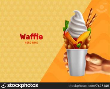 Bubble hong kong waffle in hand realistic composition with editable text and human hand holding can vector illustration