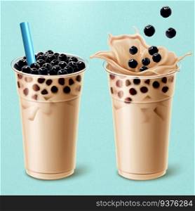 Bubble milk tea ads with delicious tapioca in 3d illustration. Bubble milk tea ads