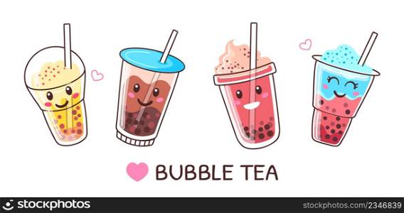 Bubble milk tea cups with cute faces, boba drink characters. Pearl milk drinks with tapioca pearls, cold summer boba smoothie vector set. Tasty asian plastic cups with refreshment and straws. Bubble milk tea cups with cute faces, boba drink characters. Pearl milk drinks with tapioca pearls, cold summer boba smoothie vector set