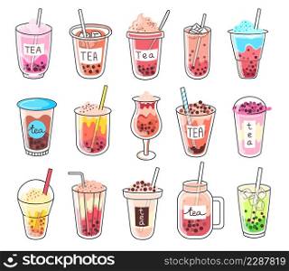 Bubble milk tea doodles, cold boba drinks with tapioca pearls. Taiwan sweet pearl tea drink, iced summer milkshakes and beverages vector set of milk tea delicious drink. Bubble milk tea doodles, cold boba drinks with tapioca pearls. Taiwan sweet pearl tea drink, iced summer milkshakes and beverages vector set