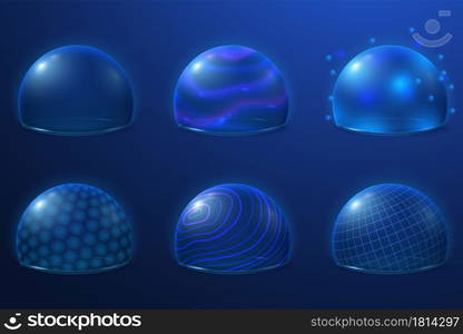 Bubble shields. Protect field, futuristic energy force safety bubbles. Transparent plasma surface, 3d security protection recent vector set. Illustration shield futuristic, bubble sphere energy. Bubble shields. Protect field, futuristic energy force safety bubbles. Transparent plasma surface, 3d security protection recent vector set