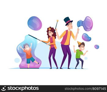 Bubble show. water entertainment for kids. vector cartoon characters with soap big bubbles. Illustration of show bubble soap for child. Bubble show. water entertainment for kids. vector cartoon characters with soap big bubbles