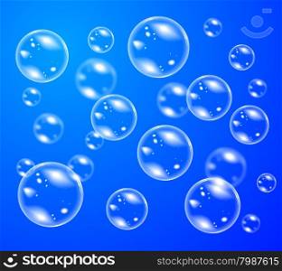 Bubble soap vector. Transparent soap bubble. Vector realistic illustration on blue background