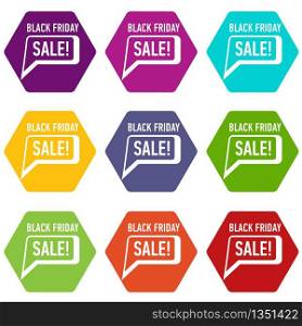 Bubble speech sale black friday icons 9 set coloful isolated on white for web. Bubble speech sale black friday icons set 9 vector