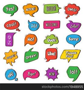 Bubble talk. Speech round frames with phrases different tags dialogue words vector chat symbols. Bubble frame talk illustration, shape colored communication dialog. Bubble talk. Speech round frames with phrases different tags dialogue words vector chat symbols