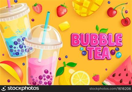 Bubble tea banner. Bubbletea with fruits and berries.Milkshake smoothie with mango, blueberries, tapioca, cherry and watermelon, place for text and brand.Great for flyers, posters, cards. Vector.. Bubble tea banner. Milkshake smoothie with fruits.