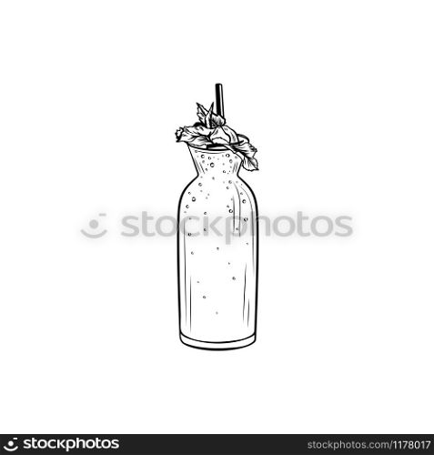 Bubble tea black and white vector illustration. Healthy summer refreshment, delicious taiwan drink ink pen outline drawing. Fresh beverage, sweet cocktail. Glass bottle with mint leaves and straw. Bubble tea hand drawn vector illustration