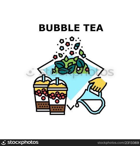 Bubble Tea Drink Vector Icon Concept. Delicious Bubble Tea Drink Prepared From Milk, Berries And Herbal Plant Natural Ingredients. Refreshment Tasty And Healthy Beverage Color Illustration. Bubble Tea Drink Vector Concept Color Illustration