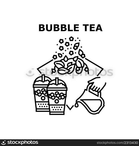 Bubble Tea Drink Vector Icon Concept. Delicious Bubble Tea Drink Prepared From Milk, Berries And Herbal Plant Natural Ingredients. Refreshment Tasty And Healthy Beverage Black Illustration. Bubble Tea Drink Vector Concept Black Illustration