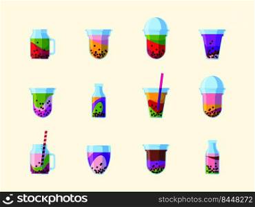 Bubble tea. Drinking liquids beverage cocktails from milk and pearls cold tea garish vector illustrations set in flat style. Smoothie sweet and tapioca, bubble tea drink. Bubble tea. Drinking liquids beverage cocktails from milk and pearls cold tea garish vector illustrations set in flat style