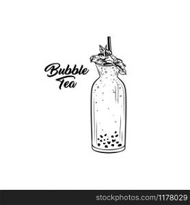 Bubble tea hand drawn black ink illustration. Pearl milk tea with fresh herbs decor in glass bottle outline.Taiwanese cocktail with chewy tapioca balls sketch with lettering. Cafe menu design element. Bubble tea bottle vector illustration