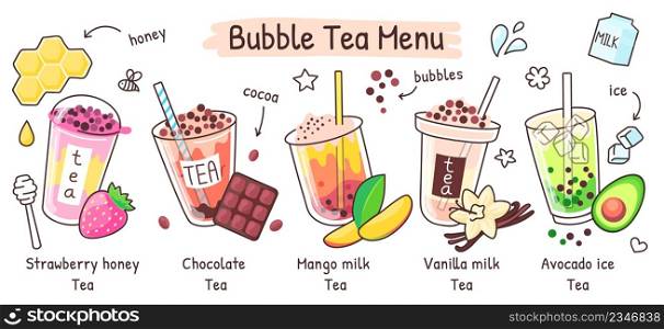 Bubble tea menu, boba drink in different flavors. Summer iced tea with tapioca pearls, taiwan pearl milk drinks shop vector illustration. Delicious refreshment with chocolate, mango, vanilla. Bubble tea menu, boba drink in different flavors. Summer iced tea with tapioca pearls, taiwan pearl milk drinks shop vector illustration